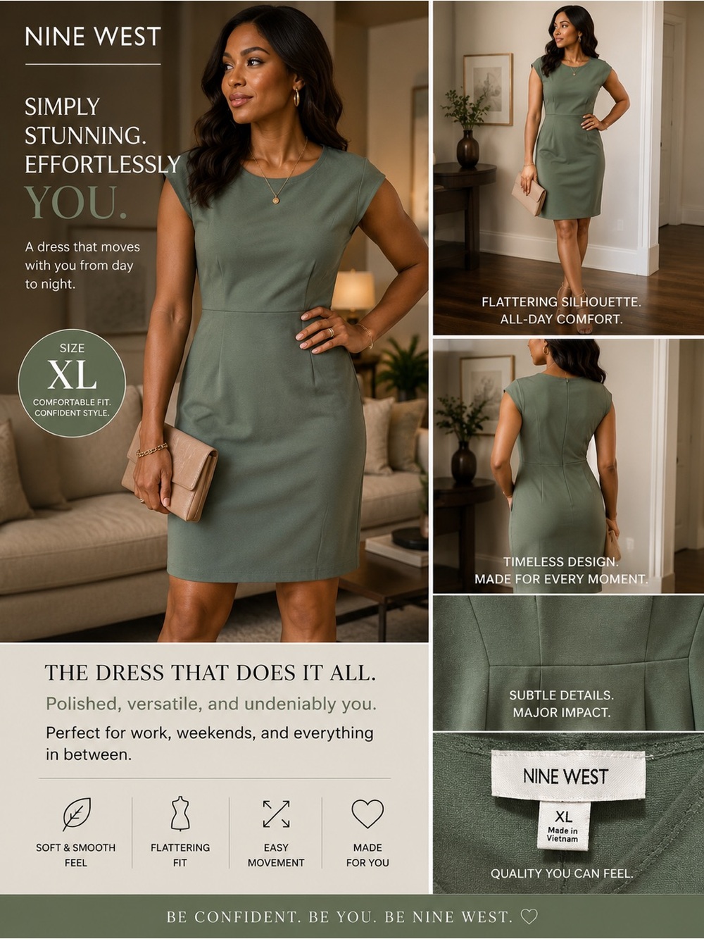 Nine West Olive Green Cap-Sleeve Sheath Dress size XL